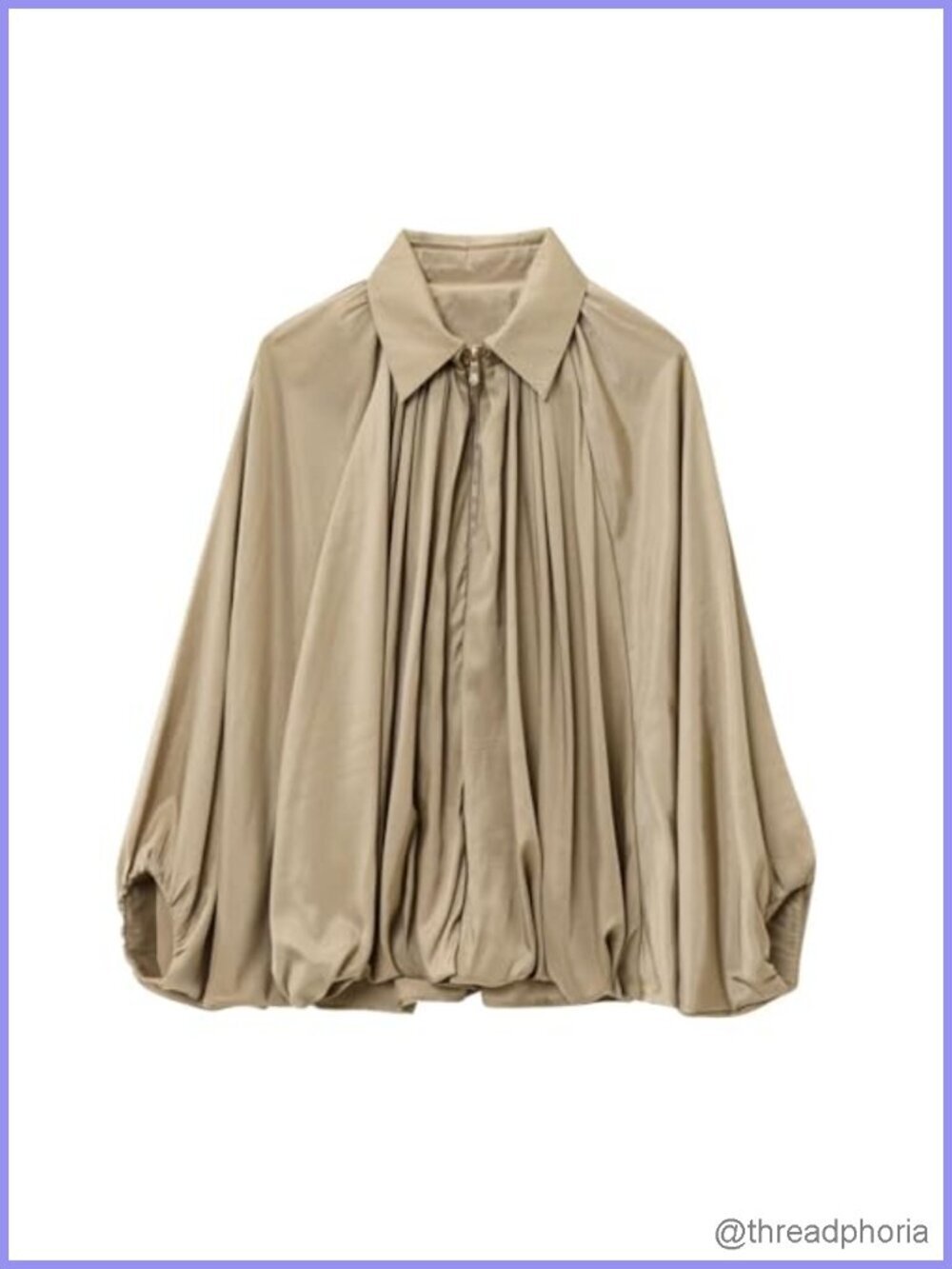 Oversized Puffed Bomber Jacket Batwing Sleeve Lapel Collar Zip Front Pleated